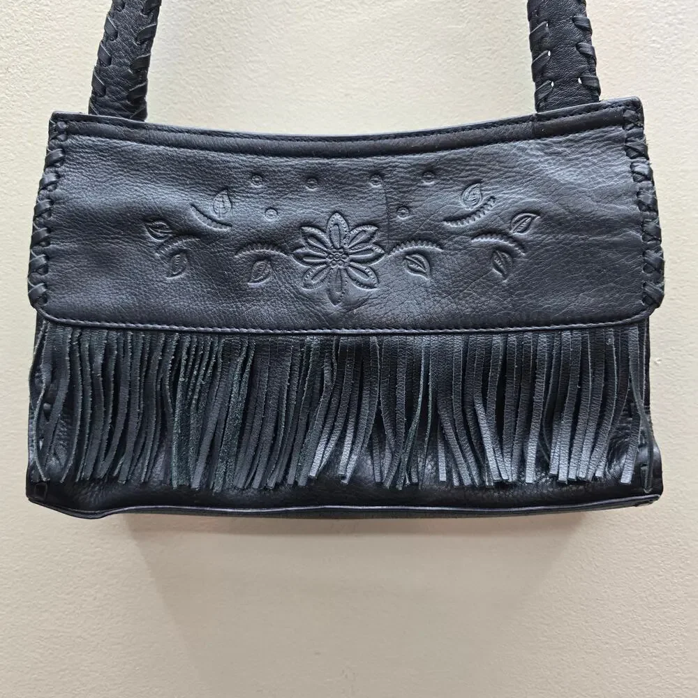 VTG Fossil Floral Tooled Leather Fringe Shoulder Bag Handbag Boho Western Black